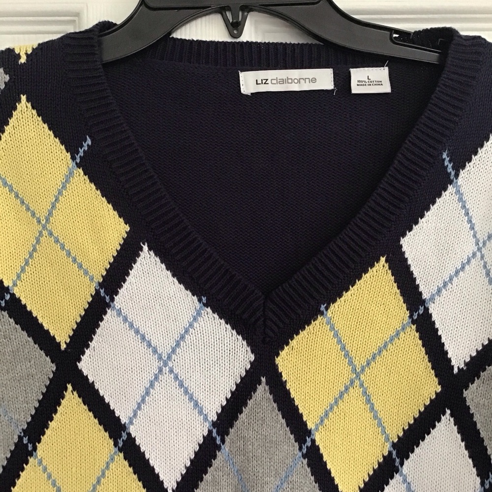 Liz Claiborne Long Sleeve Sweater V Neck Blue With Yellow Womens Large Pullover - Picture 3 of 10